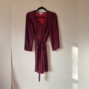 DR2 Mock Wrap Navy and Red Dress, Lined with Balloon Sleeves, Size S